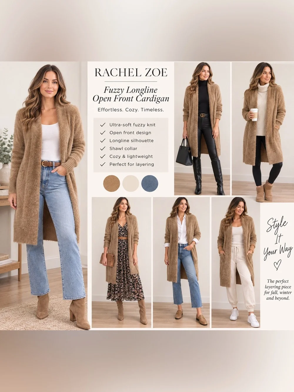 EUC Rachel Zoe Fuzzy Longline Open Front Cardigan Camel Cozy Knit Sweater XS